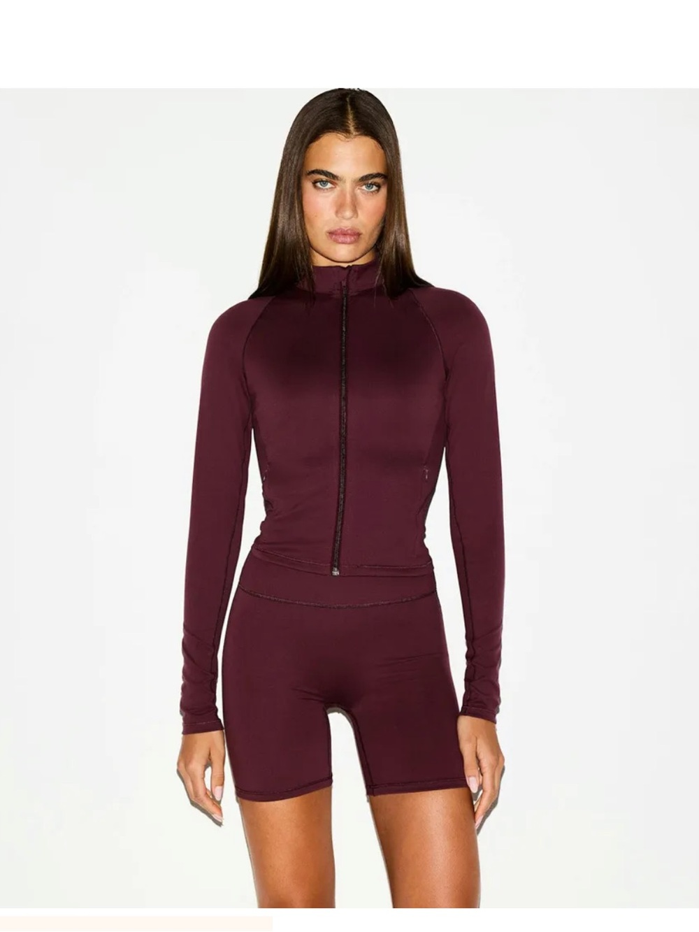 SKIMS Long Sleeve Zip Front Jacket in Deep Burgundy
